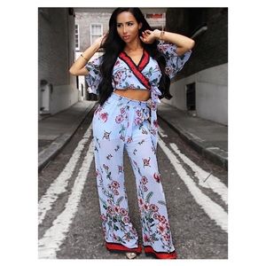 Sky Blue Floral Wrap Palazzo Two Piece Set